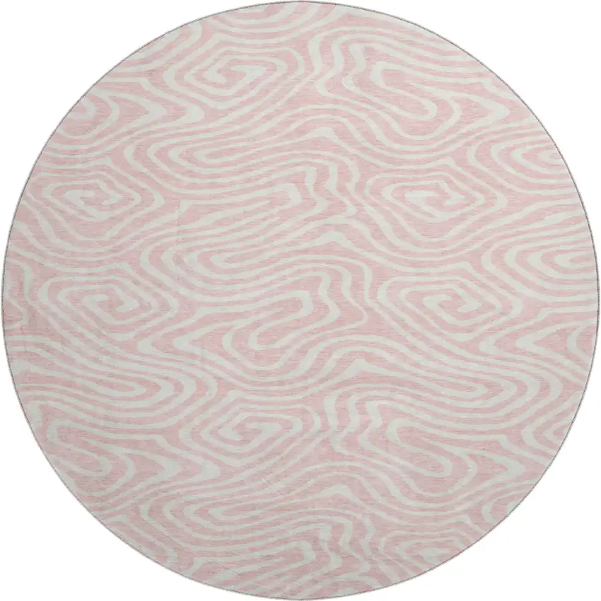 8' Pink And Ivory Abstract Washable Round Rug With UV Protection Photo 1