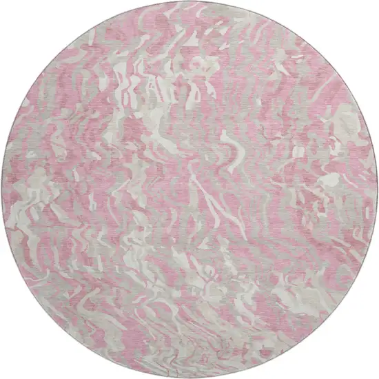 8' Pink And Ivory Abstract Washable Round Rug With UV Protection Photo 1
