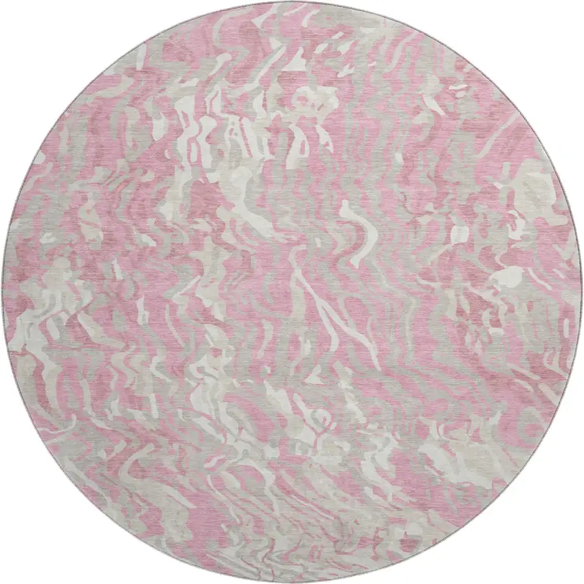 8' Pink And Ivory Abstract Washable Round Rug With UV Protection Photo 1