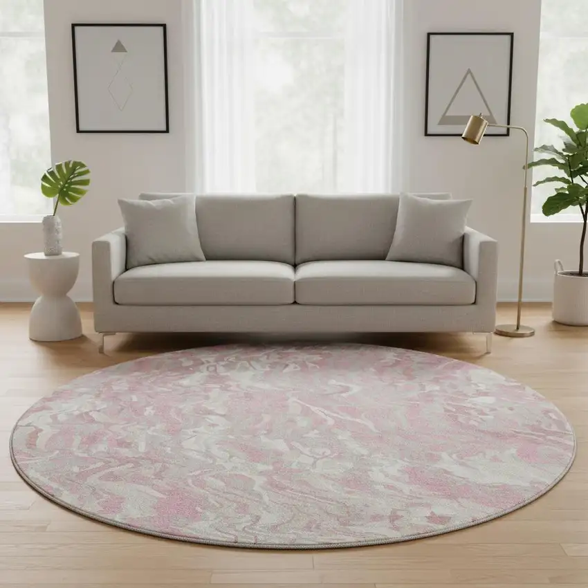 8' Pink And Ivory Abstract Washable Round Rug With UV Protection Photo 2