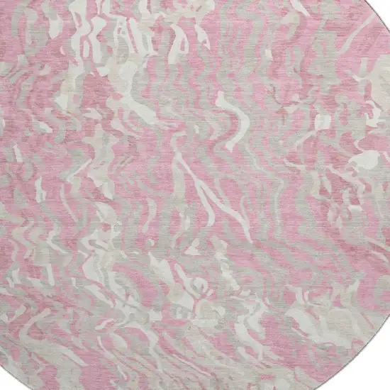 8' Pink And Ivory Abstract Washable Round Rug With UV Protection Photo 2