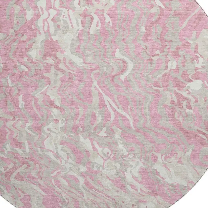 8' Pink And Ivory Abstract Washable Round Rug With UV Protection Photo 2