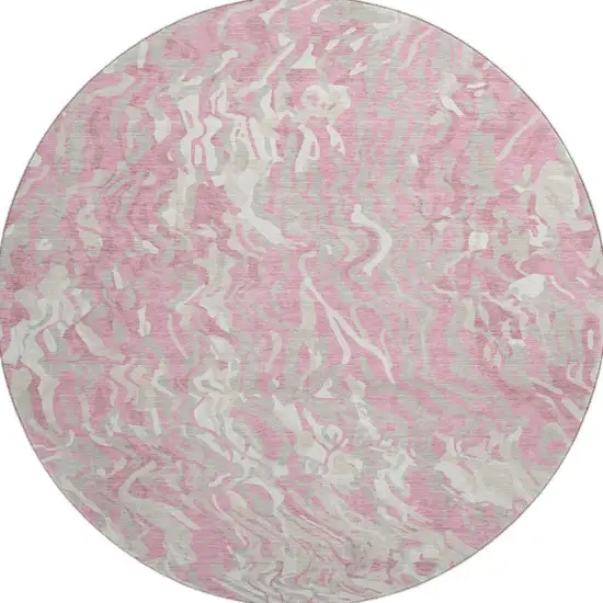 8' Pink And Ivory Abstract Washable Round Rug With UV Protection Photo 3