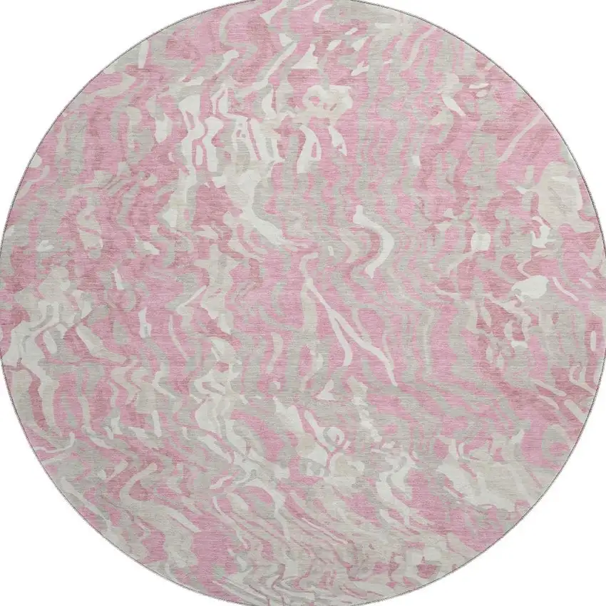 8' Pink And Ivory Abstract Washable Round Rug With UV Protection Photo 3