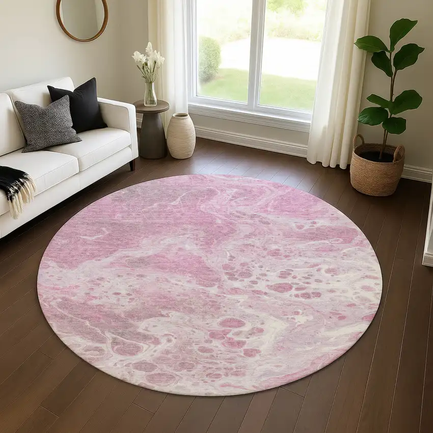 8' Pink And Ivory Abstract Washable Round Rug With UV Protection Photo 4