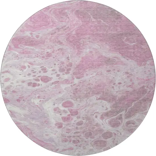 8' Pink And Ivory Abstract Washable Round Rug With UV Protection Photo 3