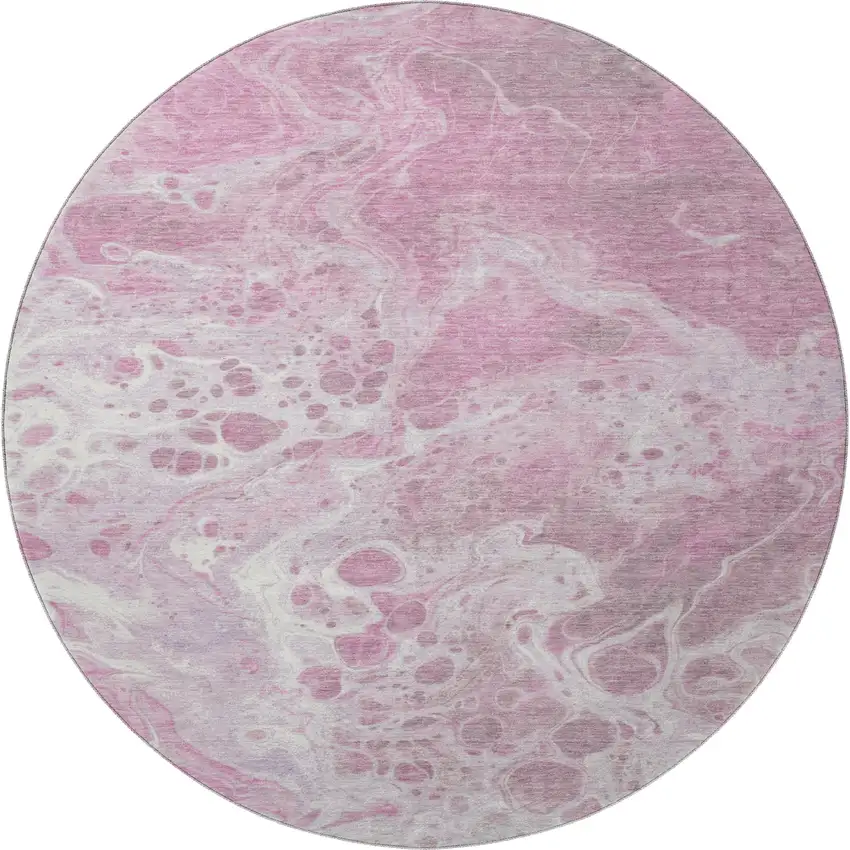 8' Pink And Ivory Abstract Washable Round Rug With UV Protection Photo 3