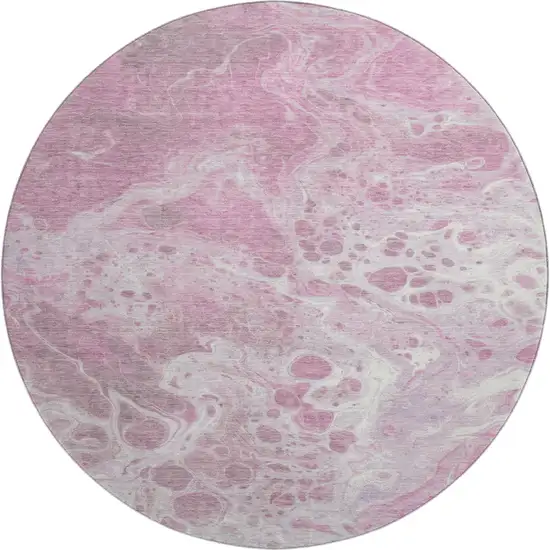 8' Pink And Ivory Abstract Washable Round Rug With UV Protection Photo 1