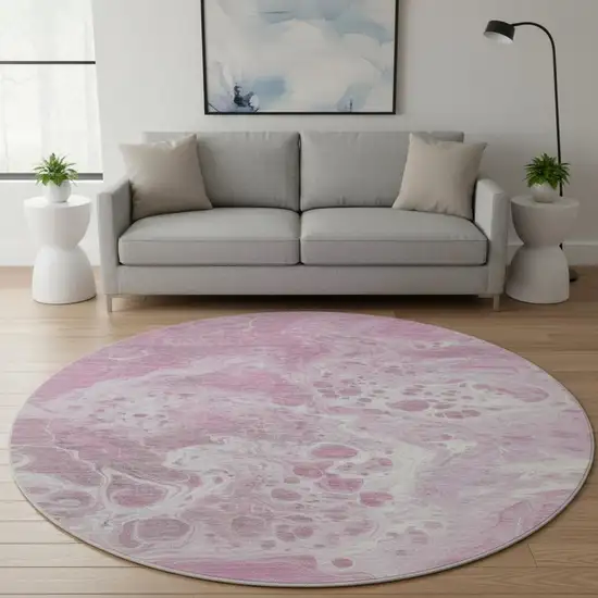 8' Pink And Ivory Abstract Washable Round Rug With UV Protection Photo 2