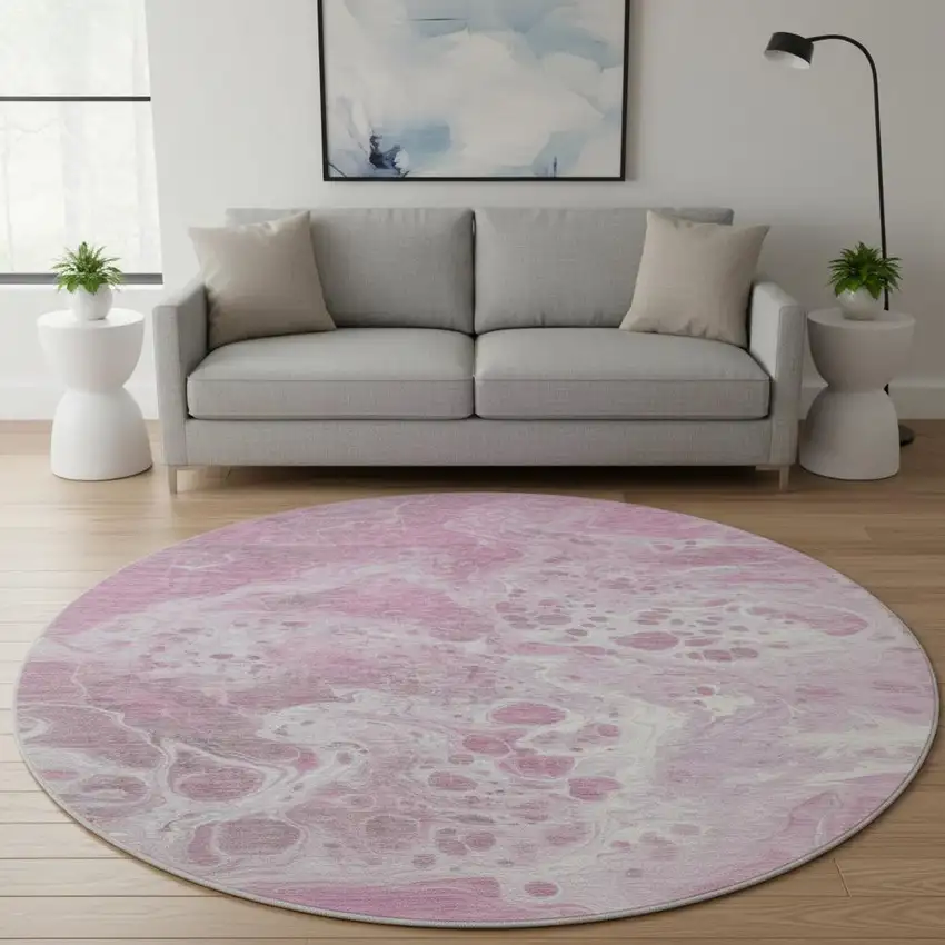 8' Pink And Ivory Abstract Washable Round Rug With UV Protection Photo 2