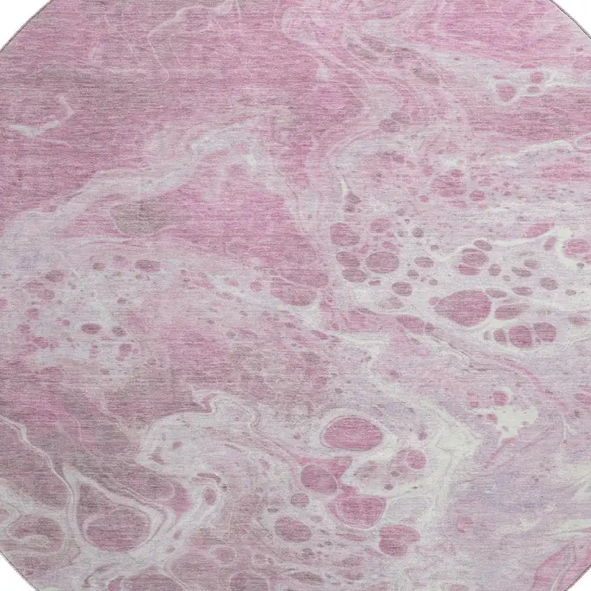 8' Pink And Ivory Abstract Washable Round Rug With UV Protection Photo 2