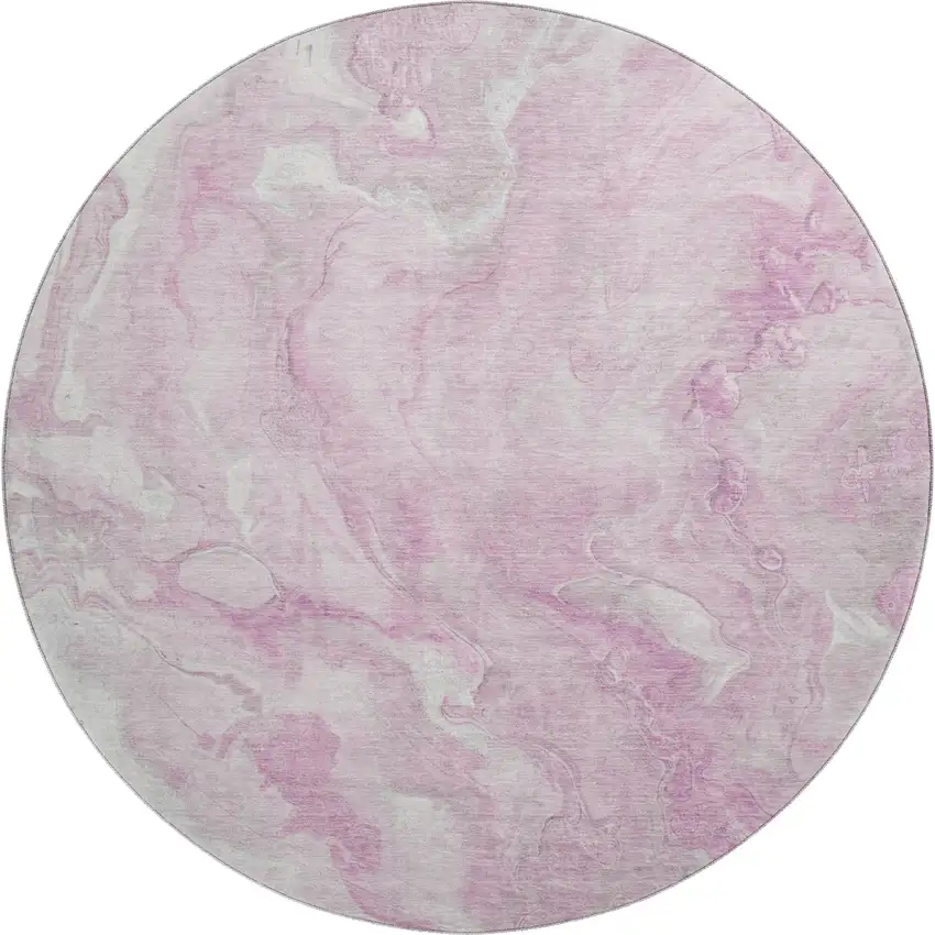 8' Pink And Ivory Abstract Washable Round Rug With UV Protection Photo 1