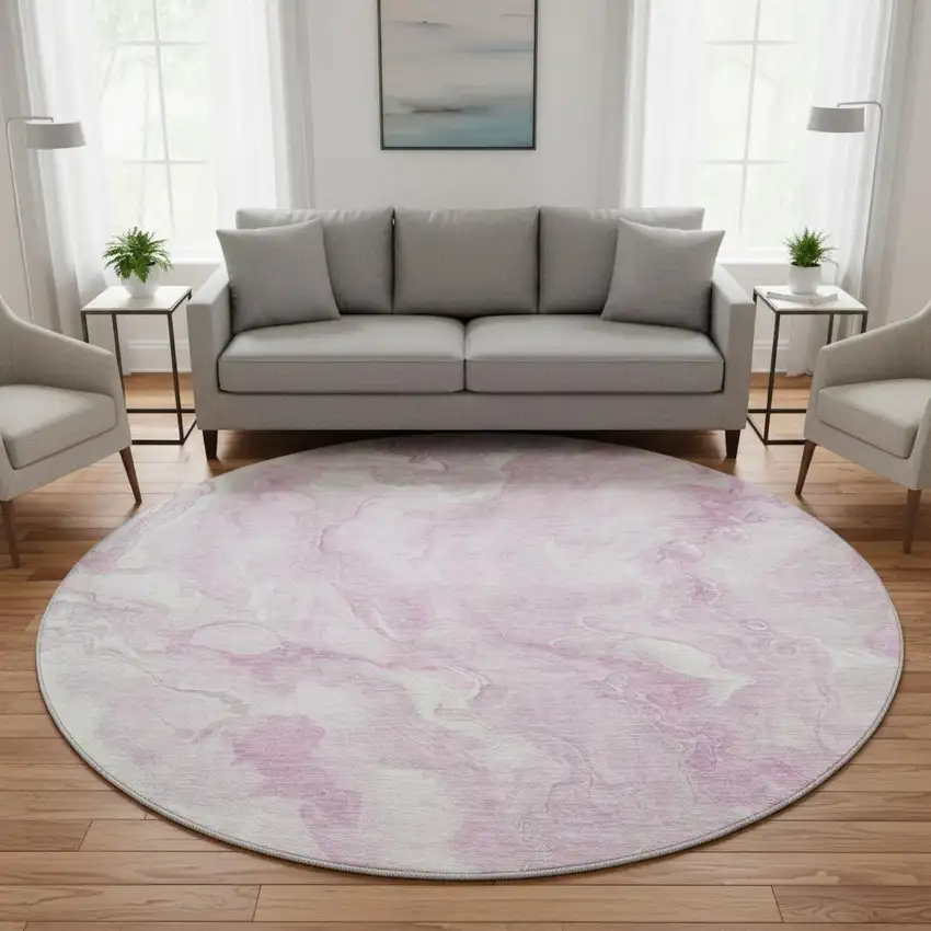 8' Pink And Ivory Abstract Washable Round Rug With UV Protection Photo 2