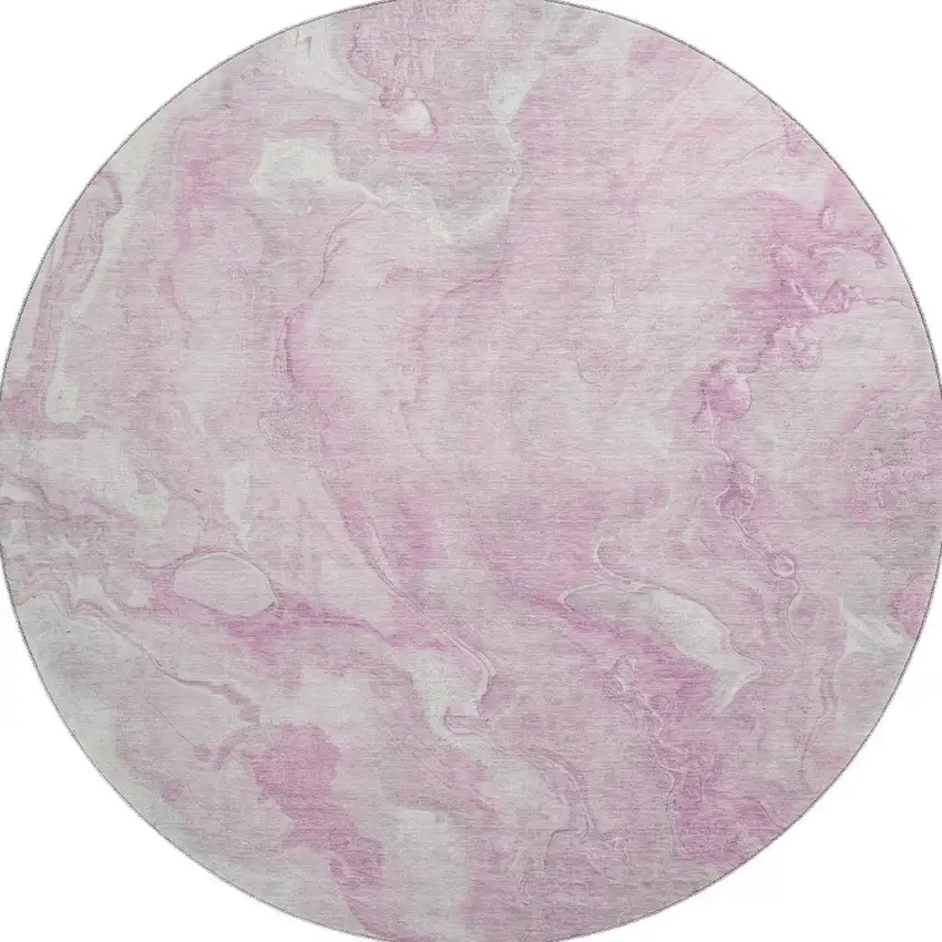 8' Pink And Ivory Abstract Washable Round Rug With UV Protection Photo 3
