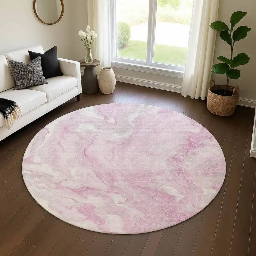 8' Pink And Ivory Abstract Washable Round Rug With UV Protection Photo 4