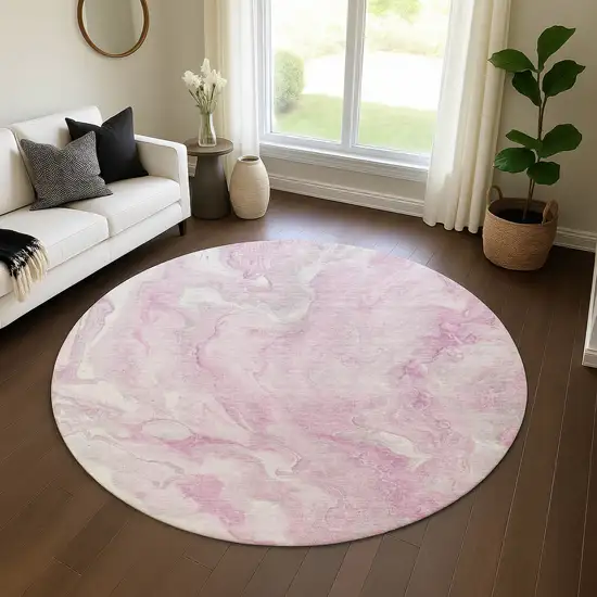 8' Pink And Ivory Abstract Washable Round Rug With UV Protection Photo 4