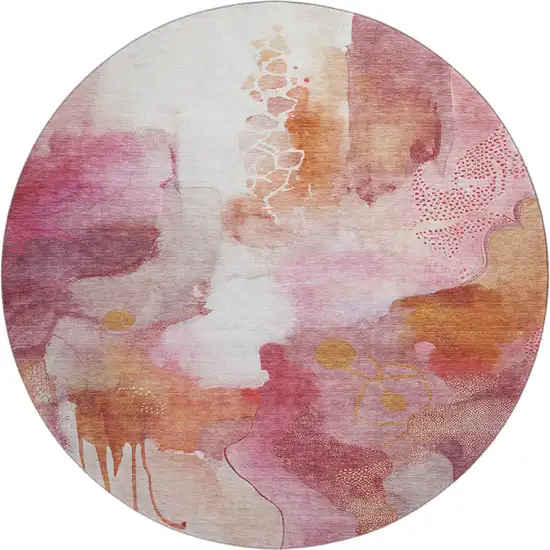 8' Pink And Ivory Abstract Washable Round Rug With UV Protection Photo 1