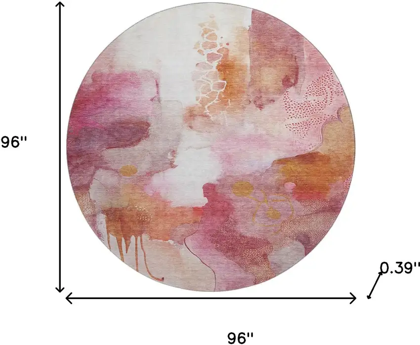 8' Pink And Ivory Abstract Washable Round Rug With UV Protection Photo 8