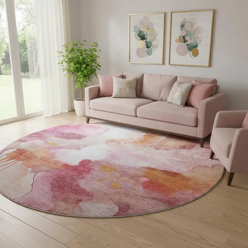 8' Pink And Ivory Abstract Washable Round Rug With UV Protection Photo 1