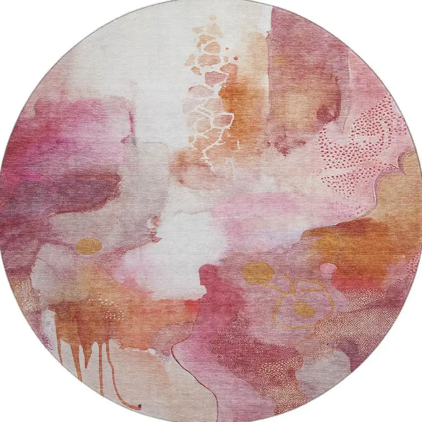 8' Pink And Ivory Abstract Washable Round Rug With UV Protection Photo 4