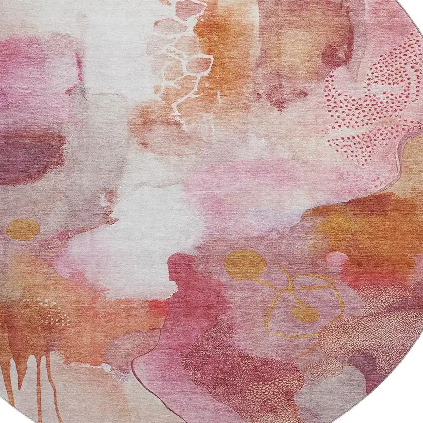 8' Pink And Ivory Abstract Washable Round Rug With UV Protection Photo 3
