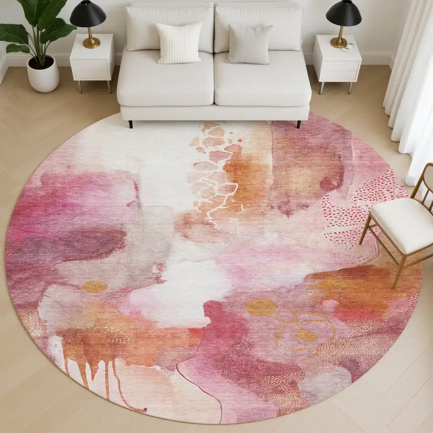 8' Pink And Ivory Abstract Washable Round Rug With UV Protection Photo 5