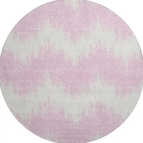 8' Pink And Ivory Chevron Washable Round Rug With UV Protection Photo 4