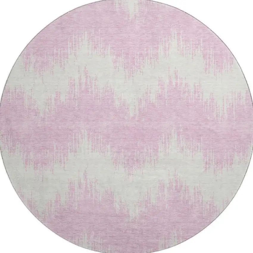 8' Pink And Ivory Chevron Washable Round Rug With UV Protection Photo 4