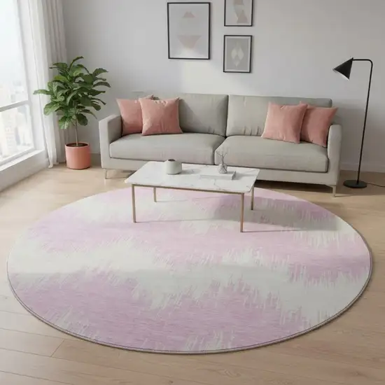 8' Pink And Ivory Chevron Washable Round Rug With UV Protection Photo 2
