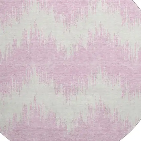 8' Pink And Ivory Chevron Washable Round Rug With UV Protection Photo 3