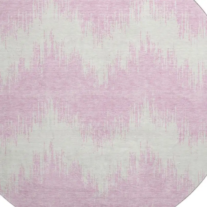 8' Pink And Ivory Chevron Washable Round Rug With UV Protection Photo 3