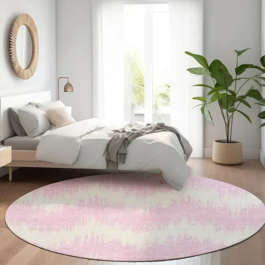 8' Pink And Ivory Chevron Washable Round Rug With UV Protection Photo 5