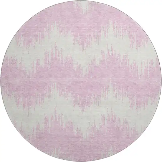 8' Pink And Ivory Chevron Washable Round Rug With UV Protection Photo 1