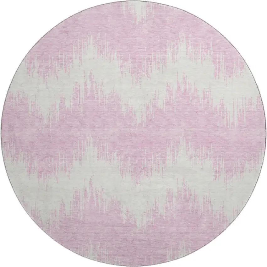 8' Pink And Ivory Chevron Washable Round Rug With UV Protection Photo 1