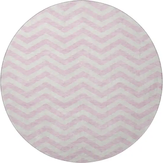8' Pink And Ivory Chevron Washable Round Rug With UV Protection Photo 3