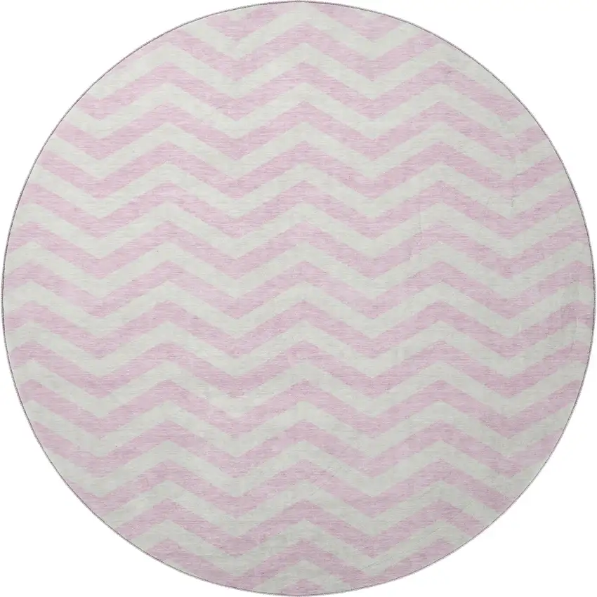 8' Pink And Ivory Chevron Washable Round Rug With UV Protection Photo 3