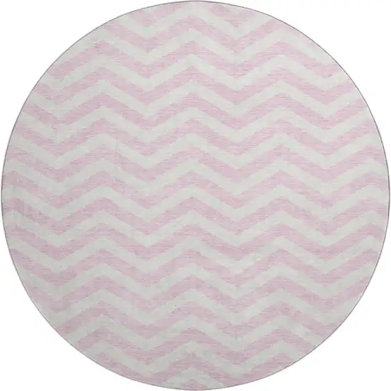 8' Pink And Ivory Chevron Washable Round Rug With UV Protection Photo 1