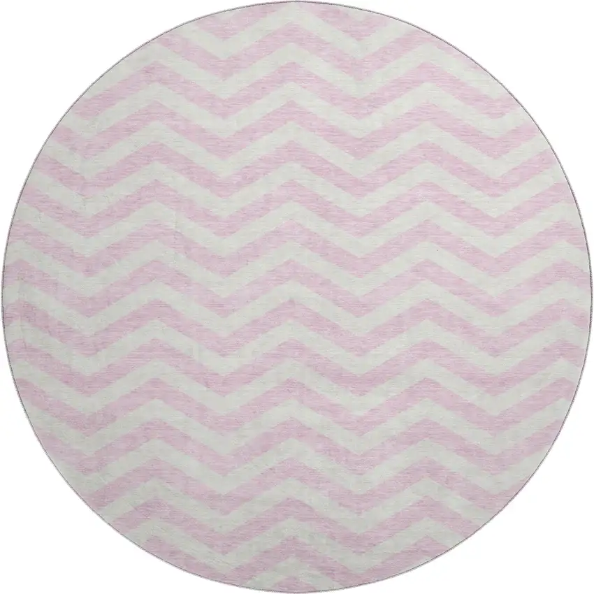 8' Pink And Ivory Chevron Washable Round Rug With UV Protection Photo 1