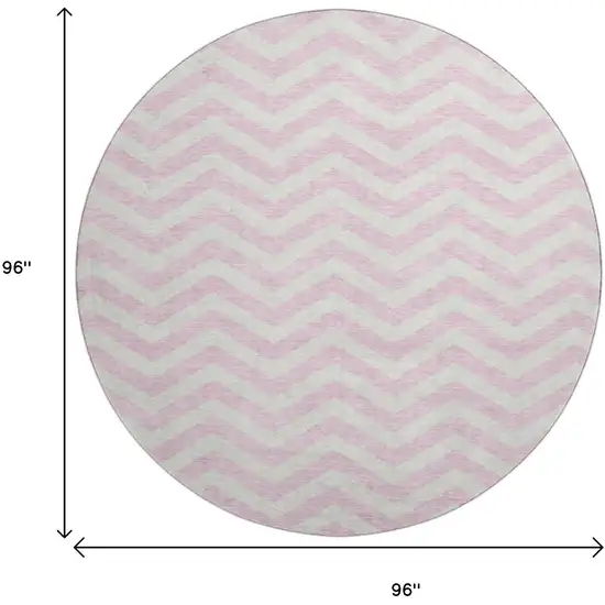 8' Pink And Ivory Chevron Washable Round Rug With UV Protection Photo 9