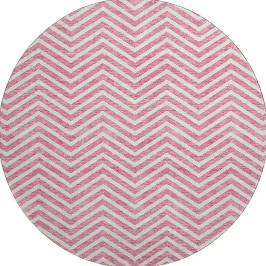 8' Pink And Ivory Chevron Washable Round Rug With UV Protection Photo 2