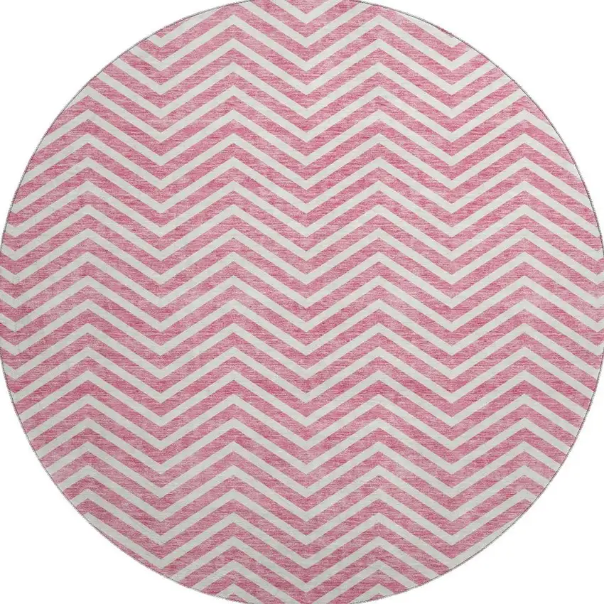 8' Pink And Ivory Chevron Washable Round Rug With UV Protection Photo 2