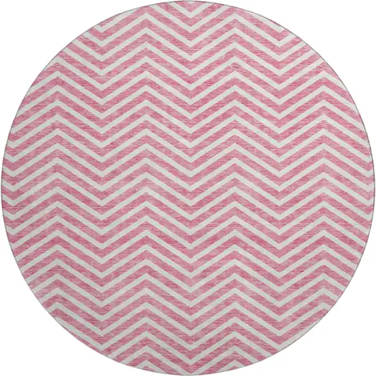 8' Pink And Ivory Chevron Washable Round Rug With UV Protection Photo 1