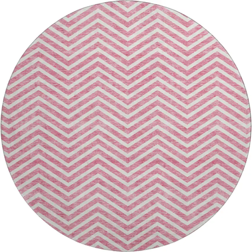 8' Pink And Ivory Chevron Washable Round Rug With UV Protection Photo 1