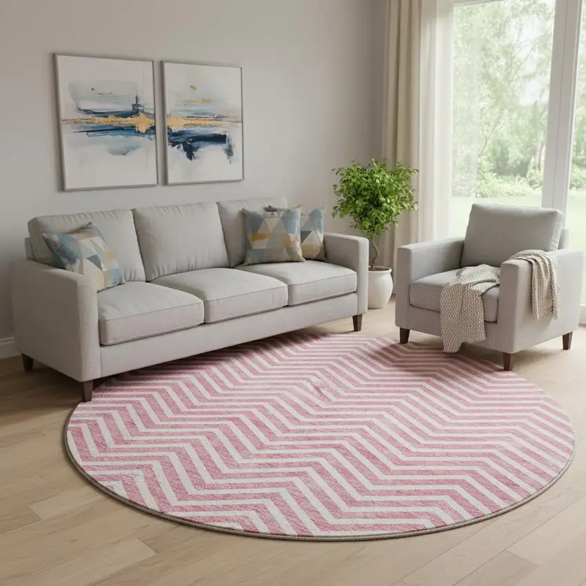 8' Pink And Ivory Chevron Washable Round Rug With UV Protection Photo 1