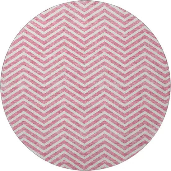 8' Pink And Ivory Chevron Washable Round Rug With UV Protection Photo 3