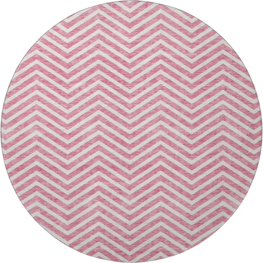 8' Pink And Ivory Chevron Washable Round Rug With UV Protection Photo 3