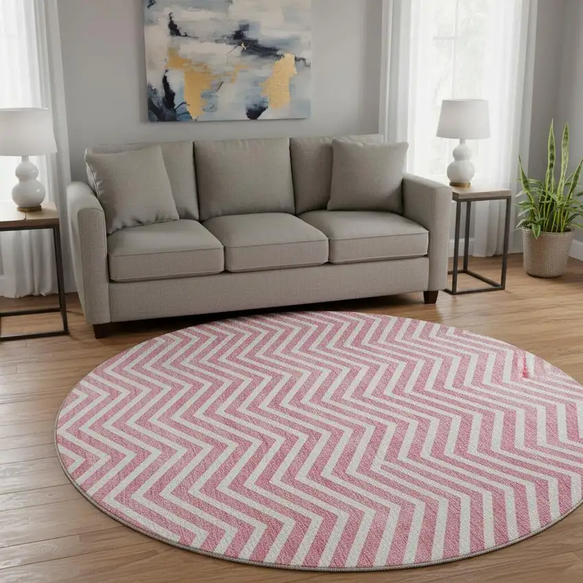 8' Pink And Ivory Chevron Washable Round Rug With UV Protection Photo 2