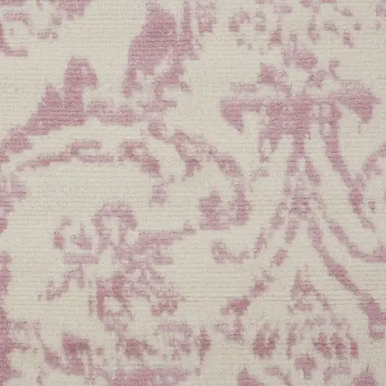 6' Pink And Ivory Damask Distressed Runner Rug Photo 8