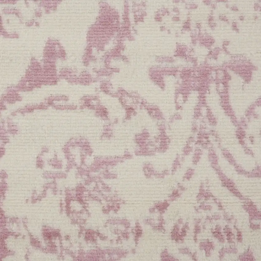 6' Pink And Ivory Damask Distressed Runner Rug Photo 8