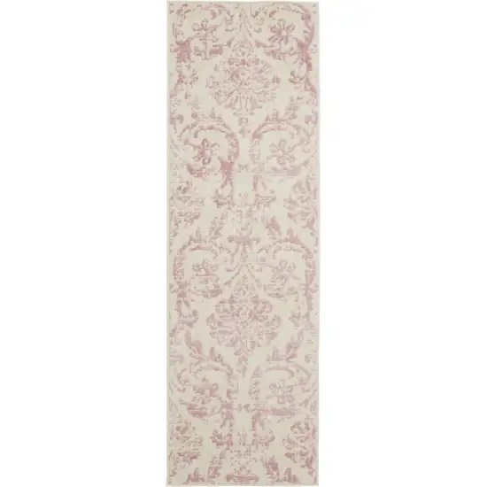 6' Pink And Ivory Damask Distressed Runner Rug Photo 7